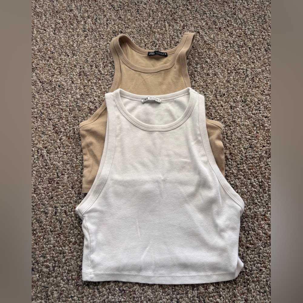 Zara White and Tan Tank Tops large